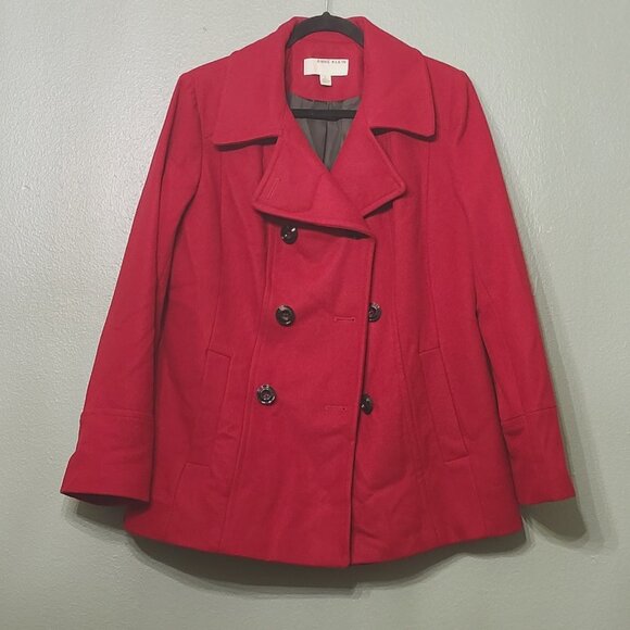 Anne Klein Wool Blend Double Breasted Pea Coat L Red Classic Career - Picture 1 of 9